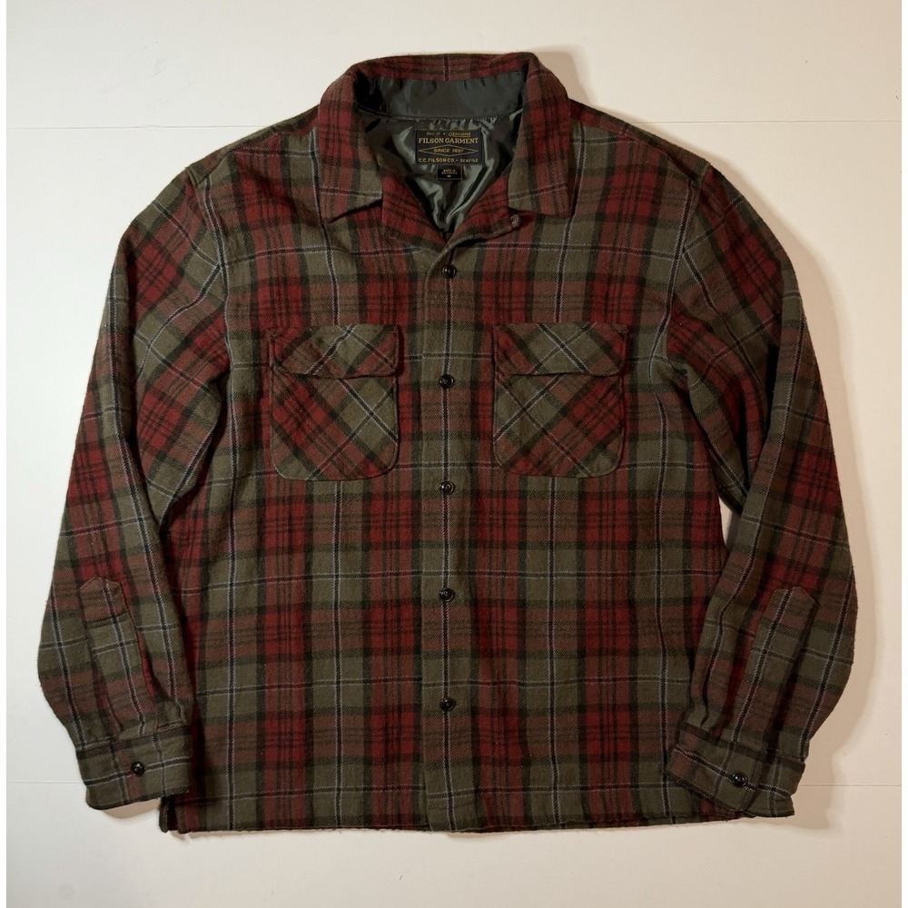 Filson Buckner Wool Camp Shirt Red Plaid Size Medium Loop Collar